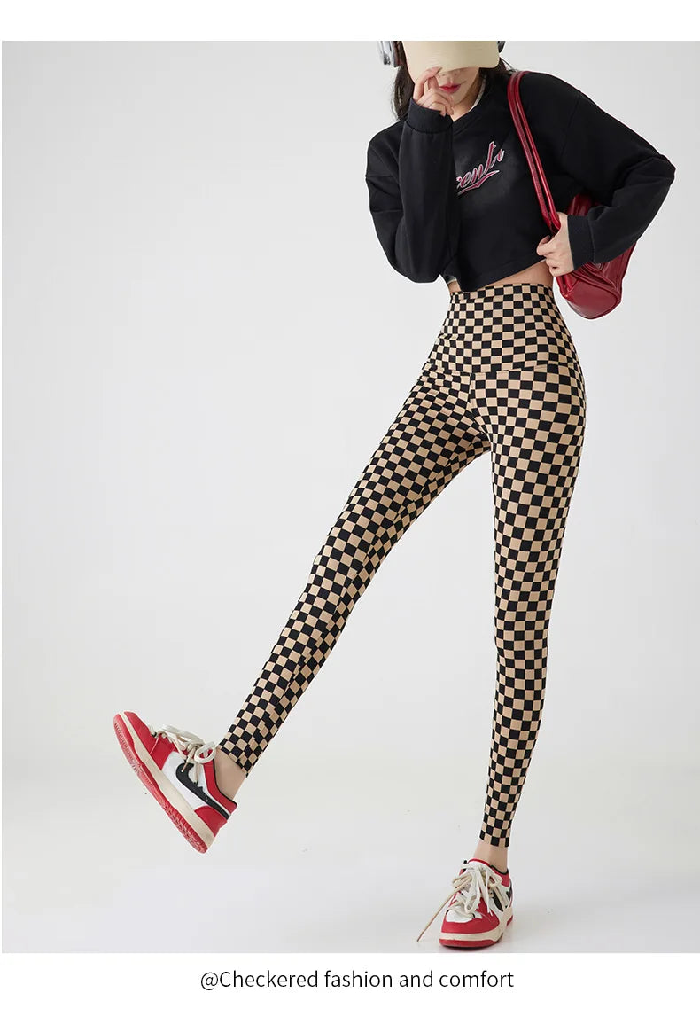 Checkerboard Plaid Shark Leggings Women High Waist Tight Slim Push Up Leggings Seamless Sports Fitness Leggings