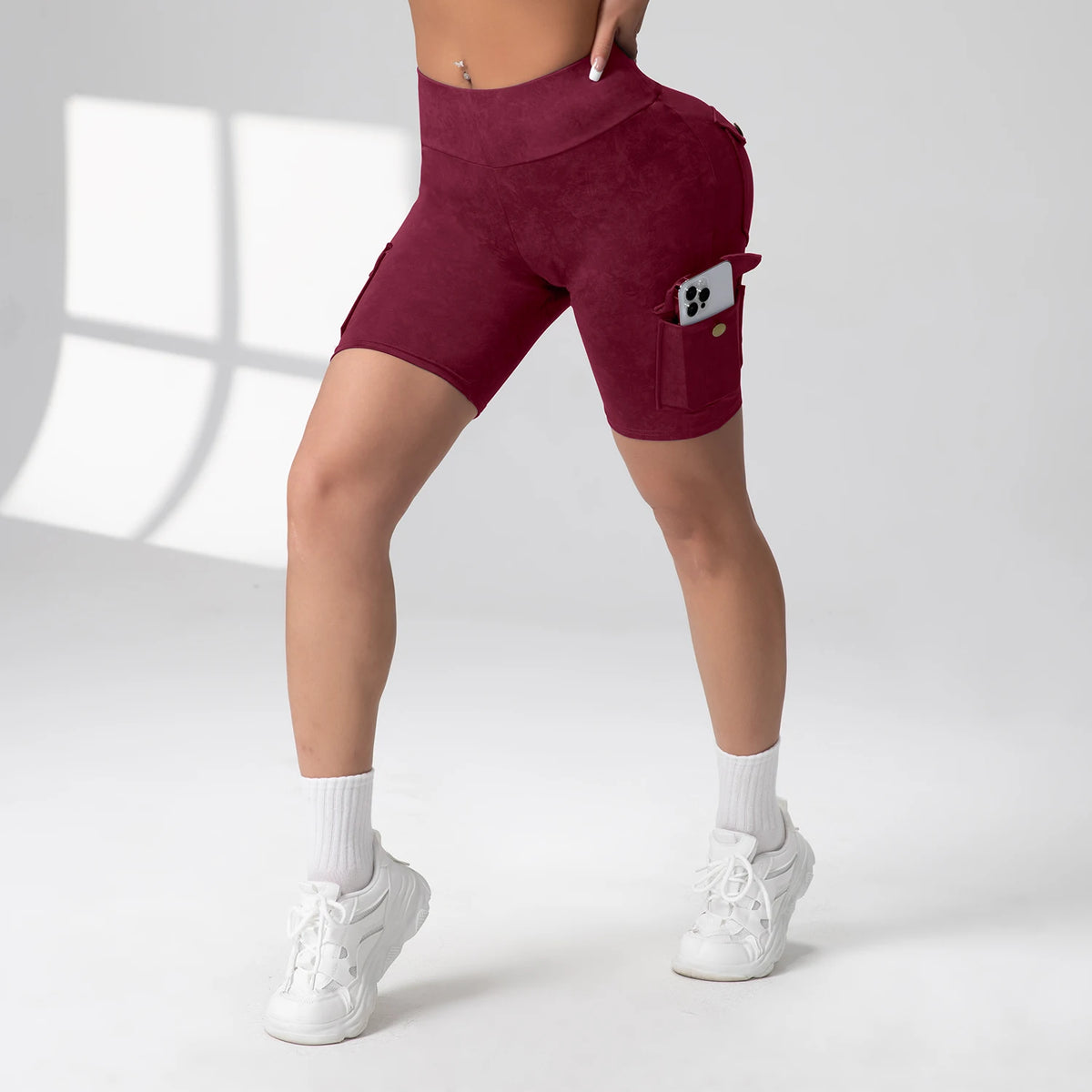 Women Washed Print Work Pocket Yoga Shorts Butt Lifting Workout  Tights Sport Push Up 5-Port Pants Elastic Slim Sportswear