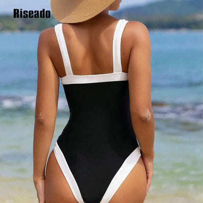 One Piece Swimsuit Retro Bathing Suit Black with White Straps High Cut Bathers