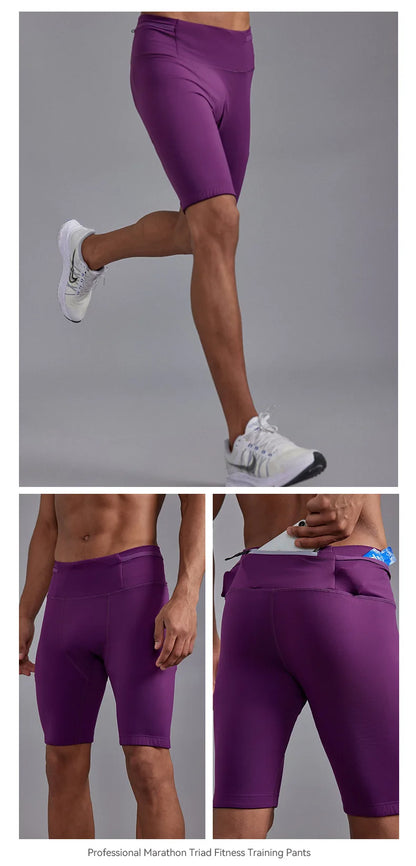 Men's Marathon Running Training Compression Shorts Quick Dry Sports Jogging Tights Fitness Waist Belt Bag Shorts Sportwear Male