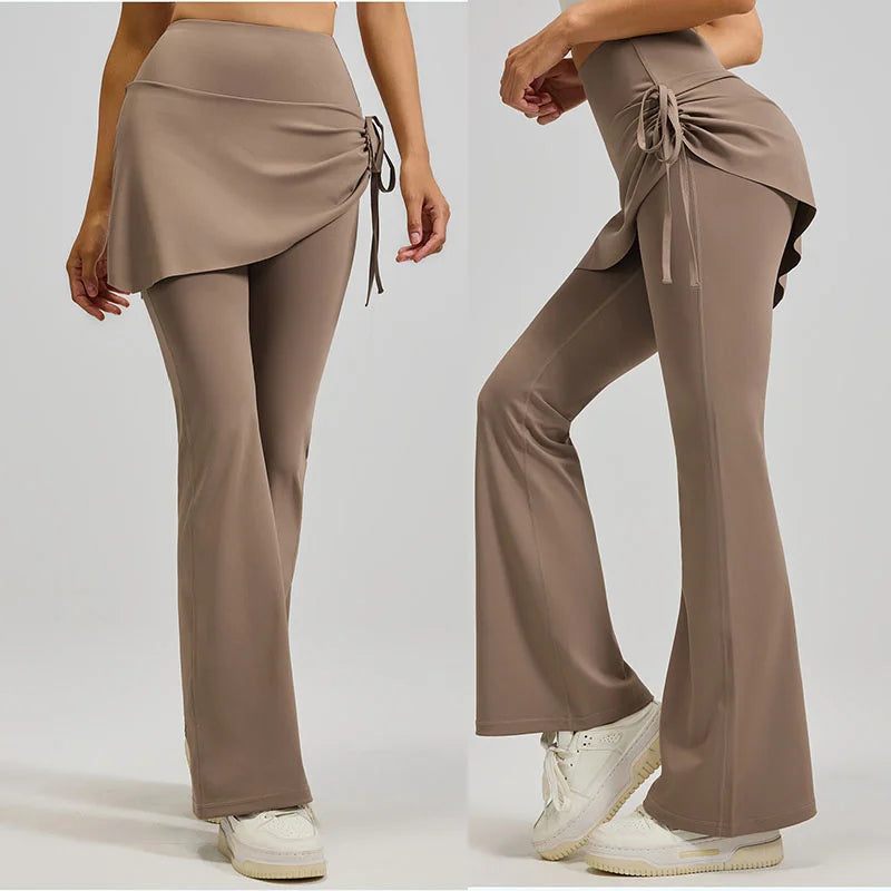 Aiithuug Women's 2 in 1 High Waisted Drawstring Side Ruched Skirted Leggings Slim Fit Workout Lounge Bottoms Bell Bottom Flared
