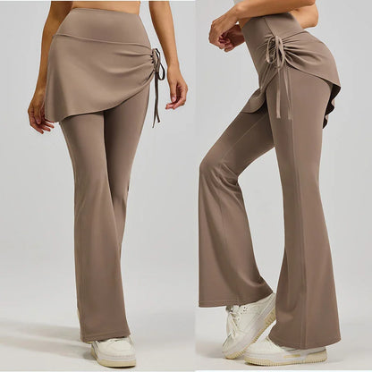 Aiithuug Women's 2 in 1 High Waisted Drawstring Side Ruched Skirted Leggings Slim Fit Workout Lounge Bottoms Bell Bottom Flared