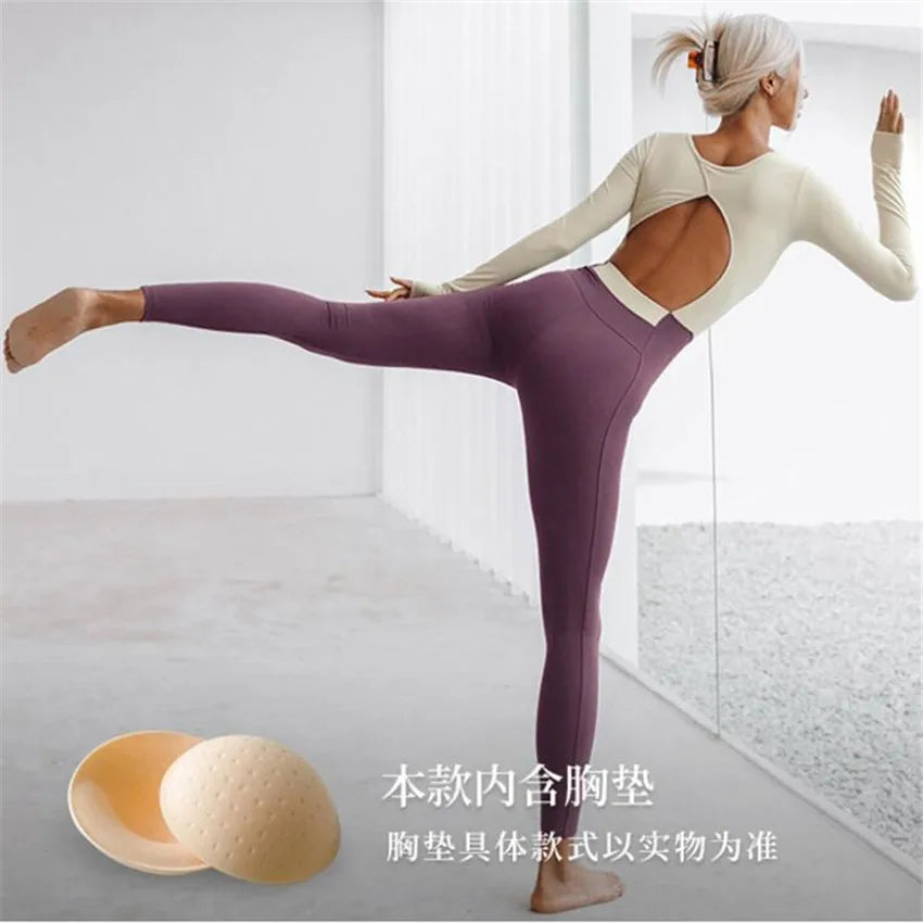 Women's Two-Tone Long-Sleeve Open-Back Workout Jumpsuit