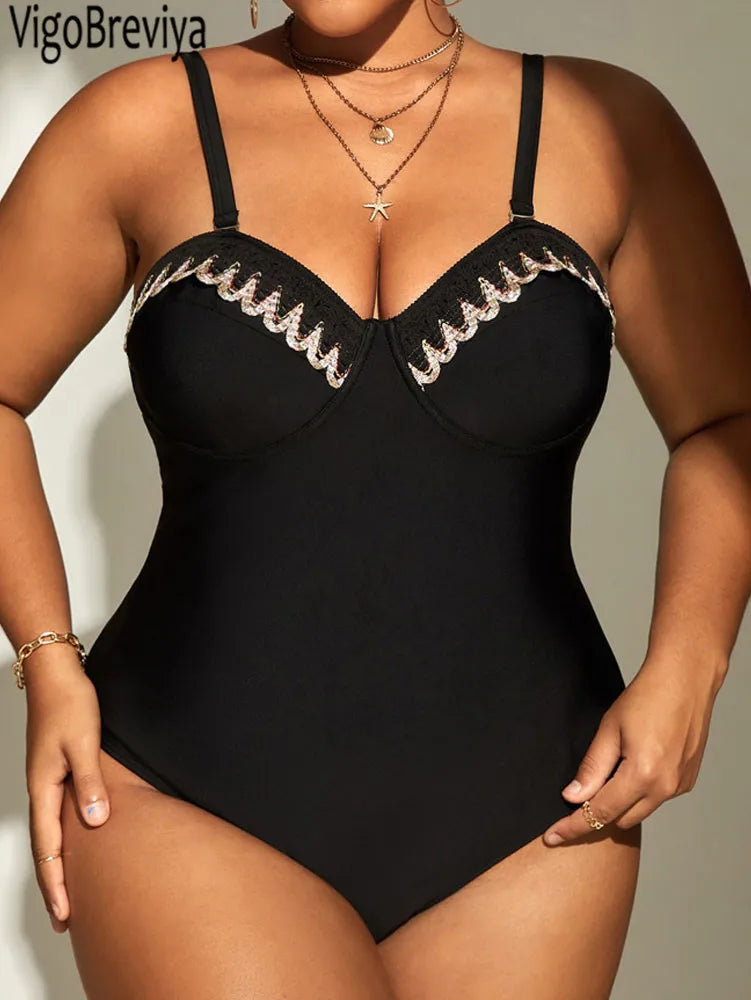 Solid Strapped Plus Size Swimwear Women Curvy One Piece Swimsuit Brazilian Lady Large Big Bathing Suit
