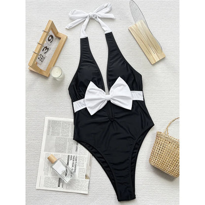 Bow Splicing Deep V Neck Halter One Piece Swimsuit Women Swimwear Female Backless High Leg Cut Bather Bathing Suit Swim