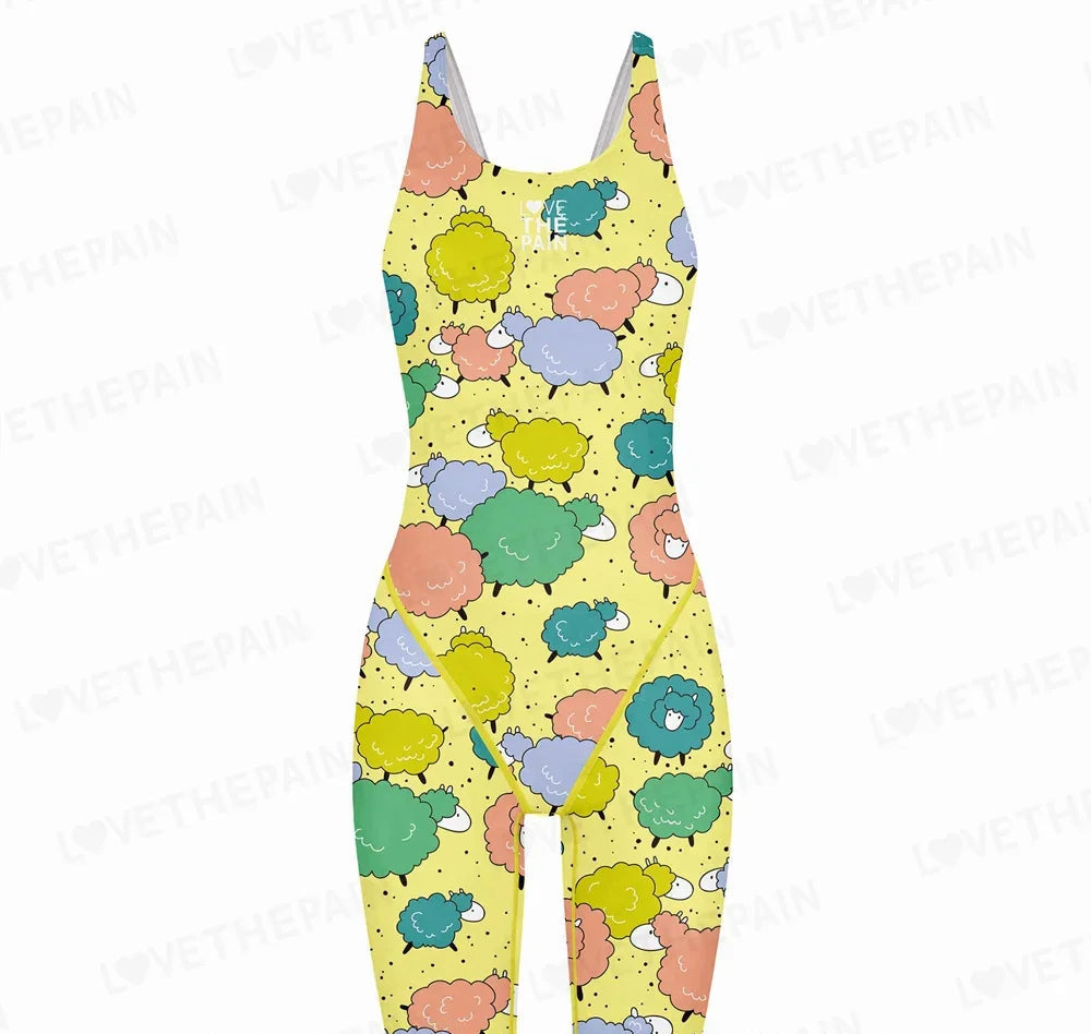 Girls Love The Pain Interesting Print Swimwear Competitive Swimming One Piece Swimsuit Knee Length Bathing Suit Beach Wear