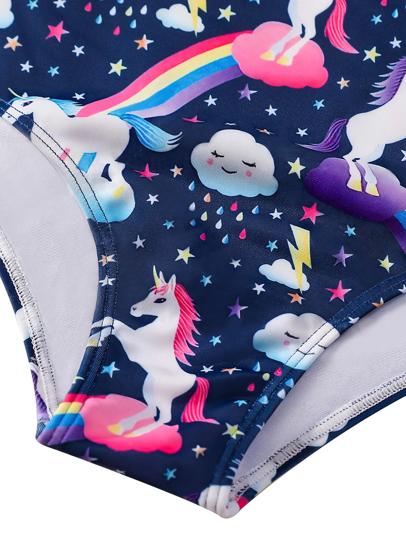 Girls Swimsuit One-Piece Cartoon Horse Weather Icons Print Bikini-Cut Swimwear Long Sleeve Color Blocking Beach Swim Rash Guard