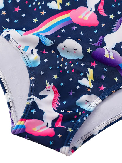 Girls Swimsuit One-Piece Cartoon Horse Weather Icons Print Bikini-Cut Swimwear Long Sleeve Color Blocking Beach Swim Rash Guard