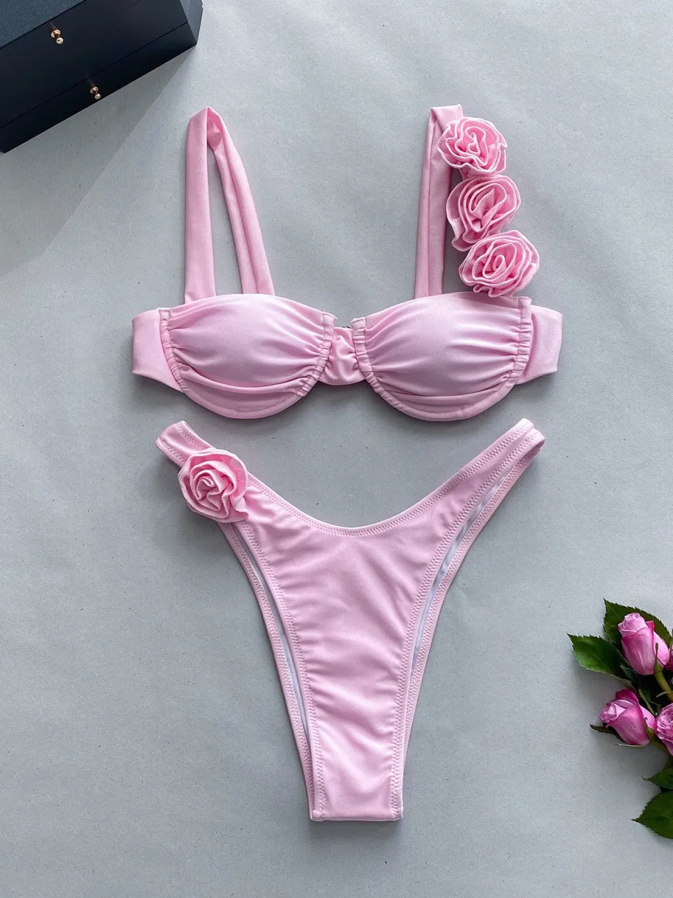 Strappy Bikinis 3D Floral Swimsuit Women Separation Swimwear Female Bathers Bathing Swimming Suit Beachwear