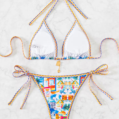 Triangle Bikini Set - Floral Print Push Up Swimsuit & Brazilian Bottoms