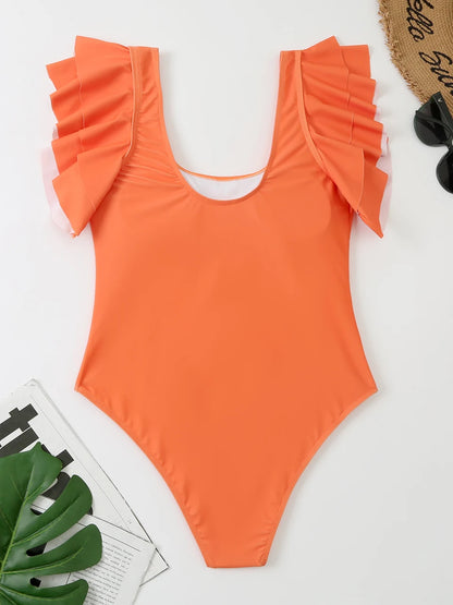 One Piece Ruffle Bodysuit Women Solid Deep V-Neck Swimwear Female Padded Swimsuit Bathing Swimming Summer Beachwear
