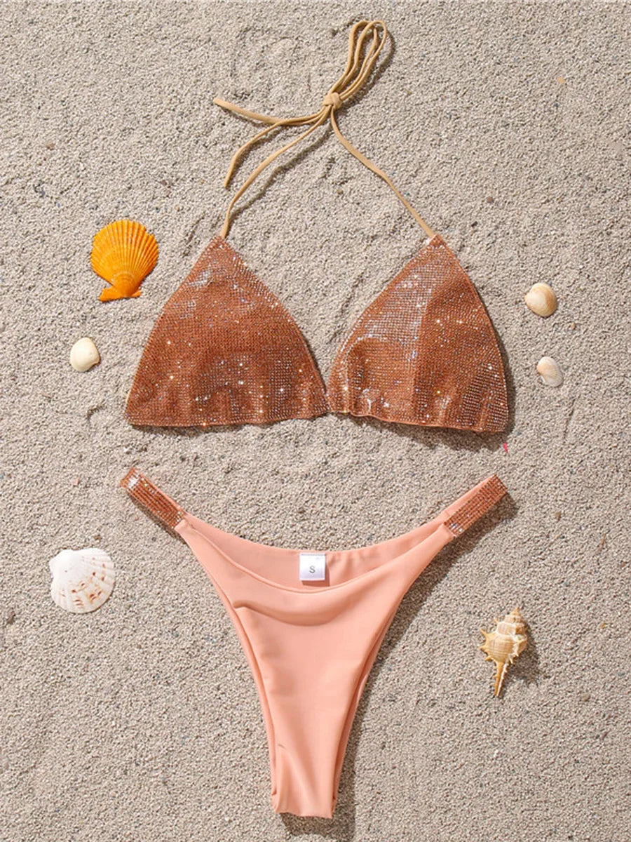 Shiny Sequins Diamond Micro Bikini Women Swimsuit Female Halter Swimwear Two Pieces Bikini Set Brazilian Bathing Suit Swim