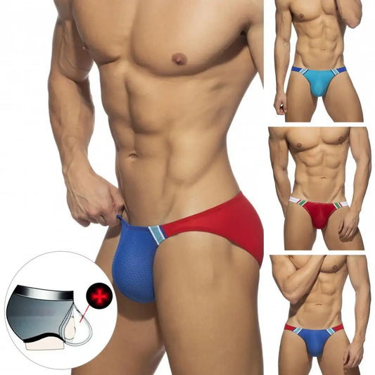 Men Swimming Trunks With Push Pad Contrast Color Jockstrap Comfortable Low Waist U Convex Men Swimwear Surfing Shorts
