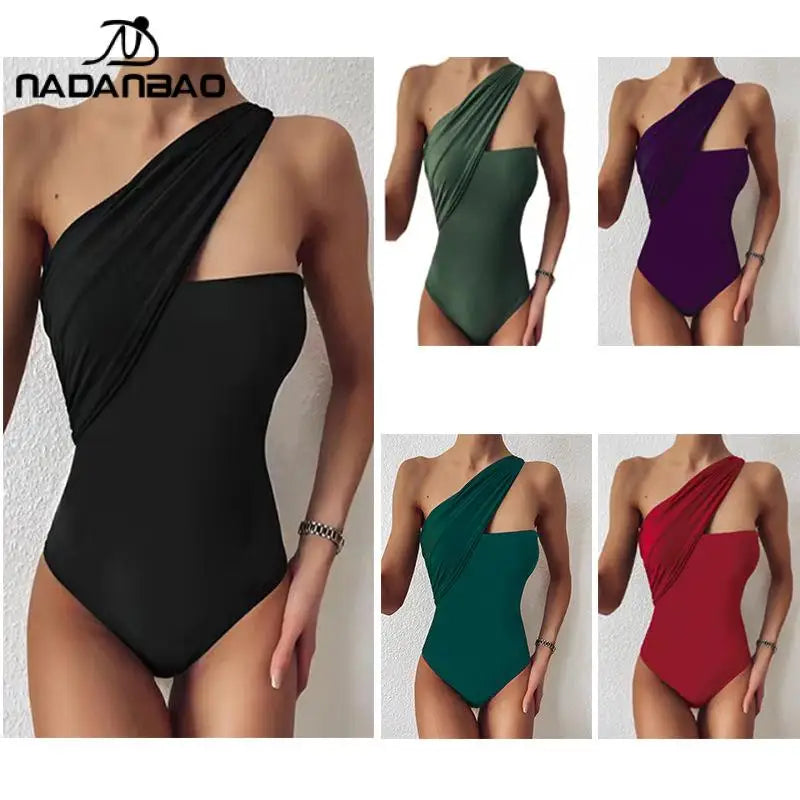 Swimsuits One Piece Suits Women One-Shoulder Swimwear Female Summer Solid Beach Party Bodysuit Surfing Beachwear
