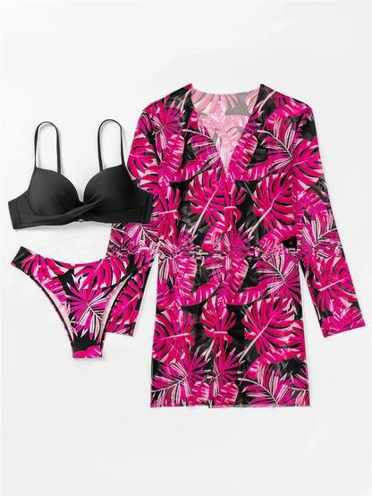 3 Pieces High Waist Bikini With Long Sleeve Kimono Swimsuit Women Print Swimwear Female Bathing Swimming Beach Suit Summer