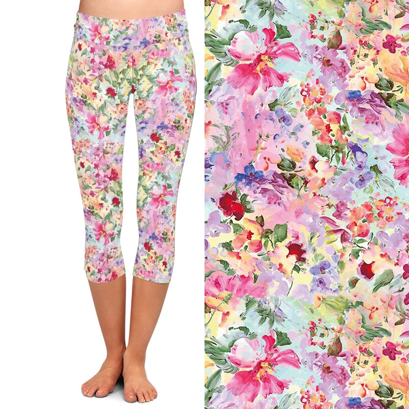 Floral Print High Waist Women Capri Legging Fitness Stretch Slim Mid-Calf 3/4 Leggings
