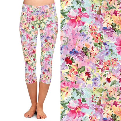 Floral Print High Waist Women Capri Legging Fitness Stretch Slim Mid-Calf 3/4 Leggings