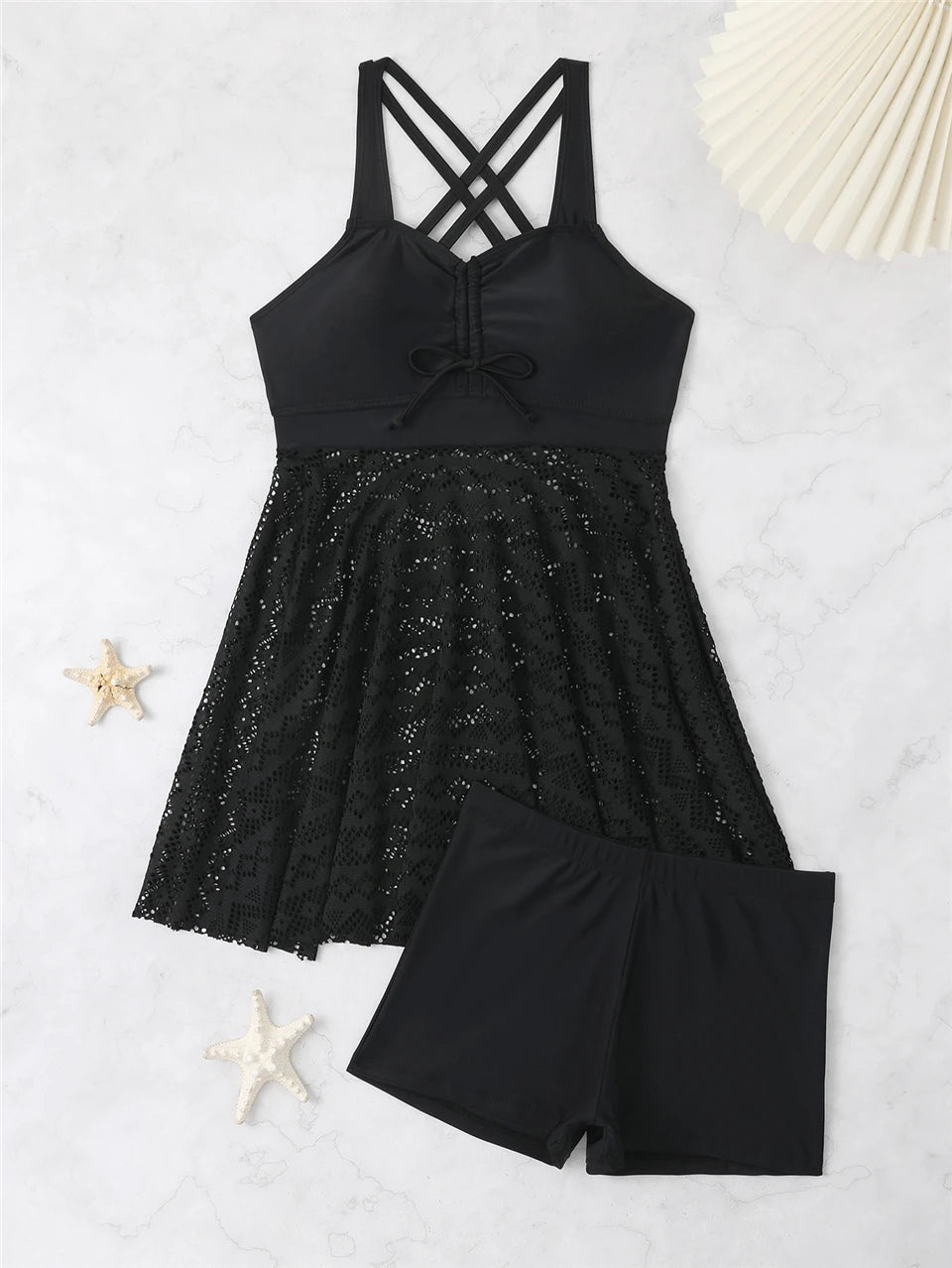 2 Pieces Front Drawstring Swimwear Women Hollow Out Swimsuit Beach Skirt Solid Tankini Female Bathers Swimming Beach Wear