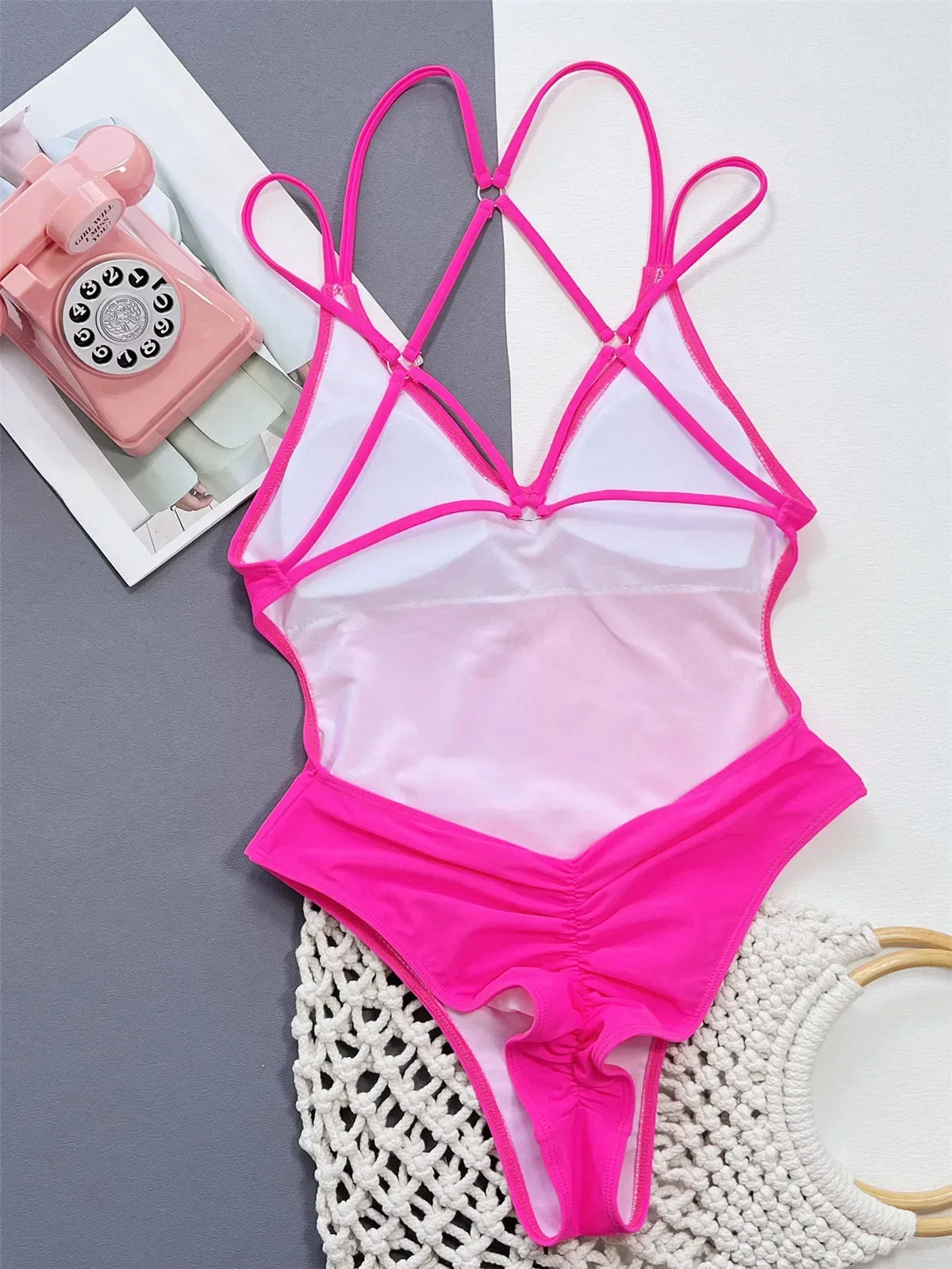 Solid Blue Backless Swimwear One Piece Swimsuit Women Back Cross String Bathers High Cut Bathing Suit