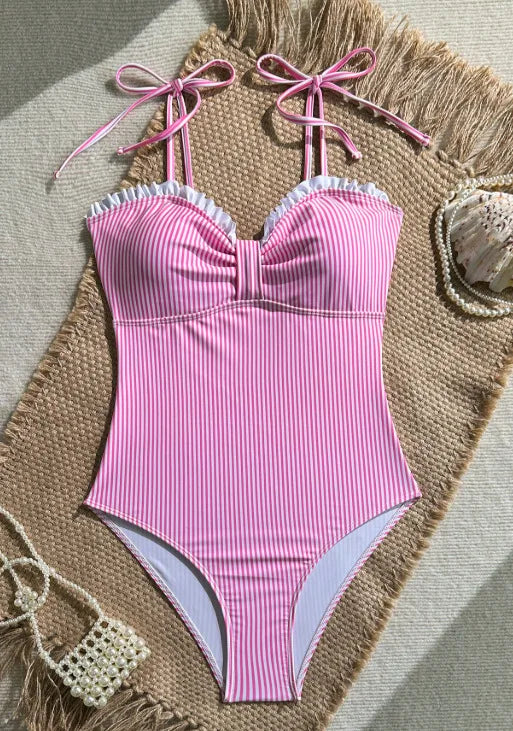 Women’s Pink Striped One Piece Swimsuits Tie Shoulder High Cut Tummy Control Bathing Suit Summer Beach Swimwear