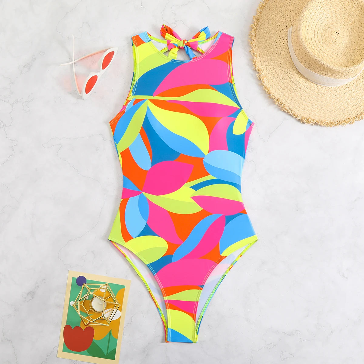 Color Block Swimsuit One Piece Backless Printed Swimwear Women Bathers Bathing Swimming Swim Suit Padded Beachwear Summer