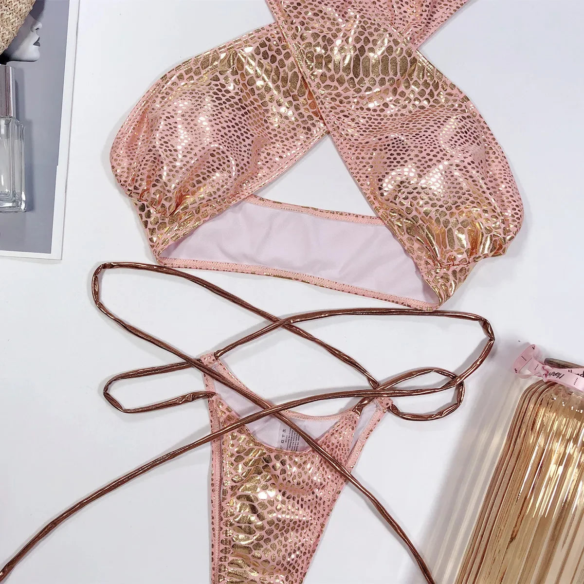 Micro Bikini Bronzing Snakeskin Bandage Cross Halter Swimwear Swimsuit Women Bikinis Set Bathing Suit Beach Bikini Female