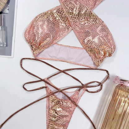 Micro Bikini Bronzing Snakeskin Bandage Cross Halter Swimwear Swimsuit Women Bikinis Set Bathing Suit Beach Bikini Female