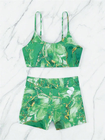 Two Pieces Marble Print Swimwear Women High Waist Swimsuit Summer Beach Wear Female Bathers Bathing Swimming Sport Suit