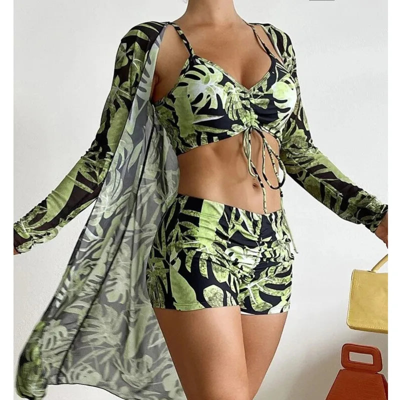 Summer Print Bikinis Swimwear Female Swimsuit Beachwear Push Up Three-Piece Bikini Set Women Swimming Bathing Suit