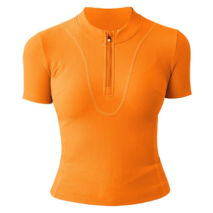 Aiithuug Women Slim Fit Gym Shirts Half Zip Workout Tops Quarter Zip Fitness Shirt Running Quicky Dry Short Sleeve Yoga Tops