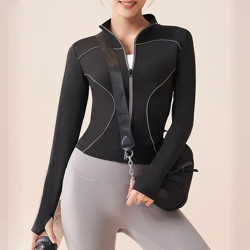 Aiithuug Reflective Stripe Safe Night Run Yoga Jackets Thumbhole Slim Fit Yoga Jacket Long Sleeve Sports Jacket Gym Jacket Women