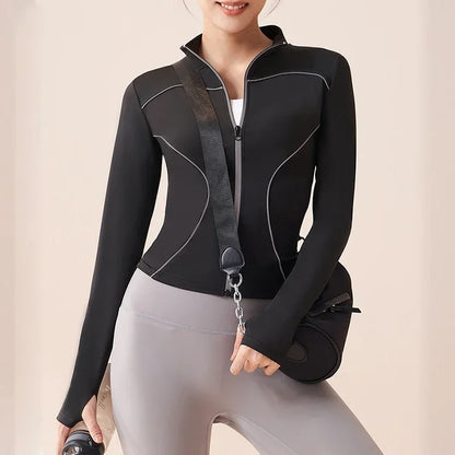 Aiithuug Reflective Stripe Safe Night Run Yoga Jackets Thumbhole Slim Fit Yoga Jacket Long Sleeve Sports Jacket Gym Jacket Women