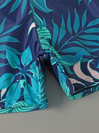 Boy Swimsuit Leaves Print Long Sleeve Children Swimwear Summer Two Piece Kids Beach Wear Swimming Bathing Suit Boys Men