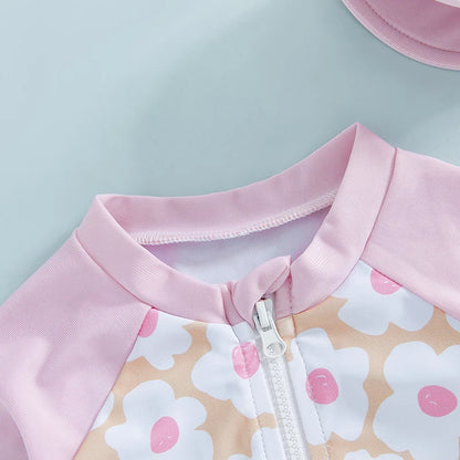 Toddler Girl Long Sleeve Swimsuit Floral Flamingo Print Half Zipper Non-Pilling Rash Guard Swimwear Sunhat Set