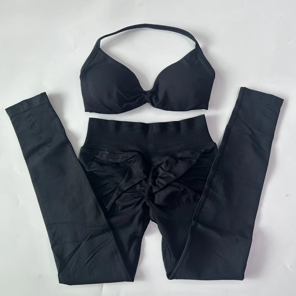 2 Pieces Set For Woman Strappy Yoga Bra Sports Top Workout Leggings Set Seamless Gym Set Fitness Clothes Outfit Activewear