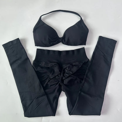 2 Pieces Set For Woman Strappy Yoga Bra Sports Top Workout Leggings Set Seamless Gym Set Fitness Clothes Outfit Activewear