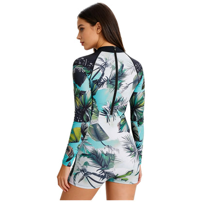 Women's Rash Guard Printed Swimwear Long-sleeve One-piece Swimsuit Sun-protection Back Zip Jumpsuit Surfing And Diving Suit for Water Sports