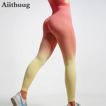 Ribbed High Waisted Yoga Leggings Women's Scrunch Buttock Widen Waistband Pants Gym Running Althetic Pilates Pants