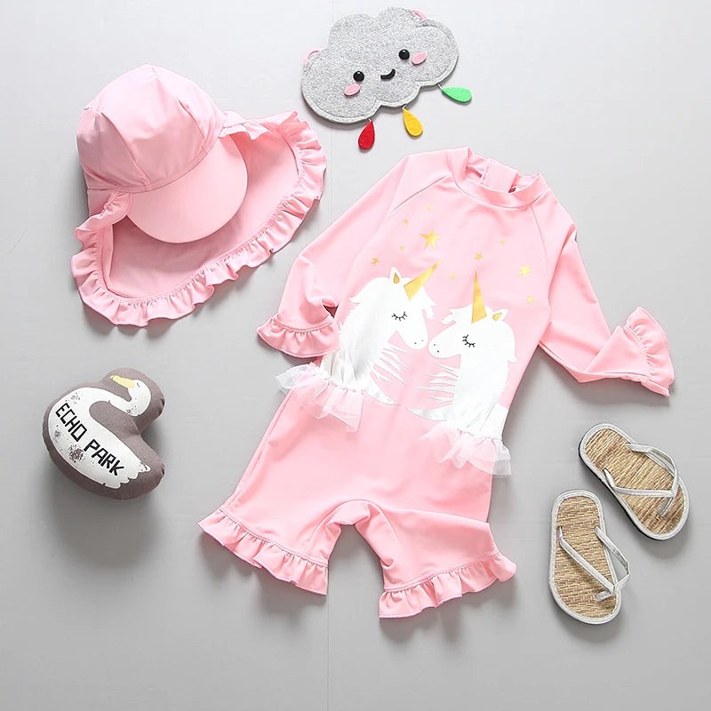 Baby Swimsuit UPF50 UV Protection Kids Swimwear for Girls Long Sleeve Bathing Suit Toddler One-Piece Cartoon Infant Beachwear