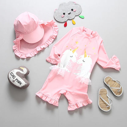 Baby Swimsuit UPF50 UV Protection Kids Swimwear for Girls Long Sleeve Bathing Suit Toddler One-Piece Cartoon Infant Beachwear