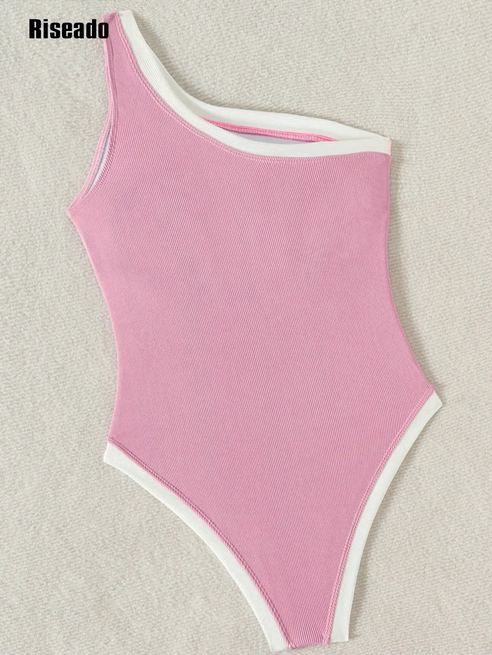 One Shoulder Swimsuit High Cut Women Ribbed Pink Bathing Suit Cutout 1 Piece Slimming Thong Swim Suit