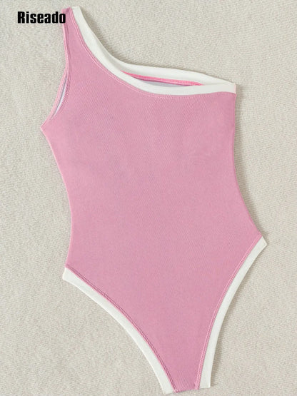 One Shoulder Swimsuit High Cut Women Ribbed Pink Bathing Suit Cutout 1 Piece Slimming Thong Swim Suit