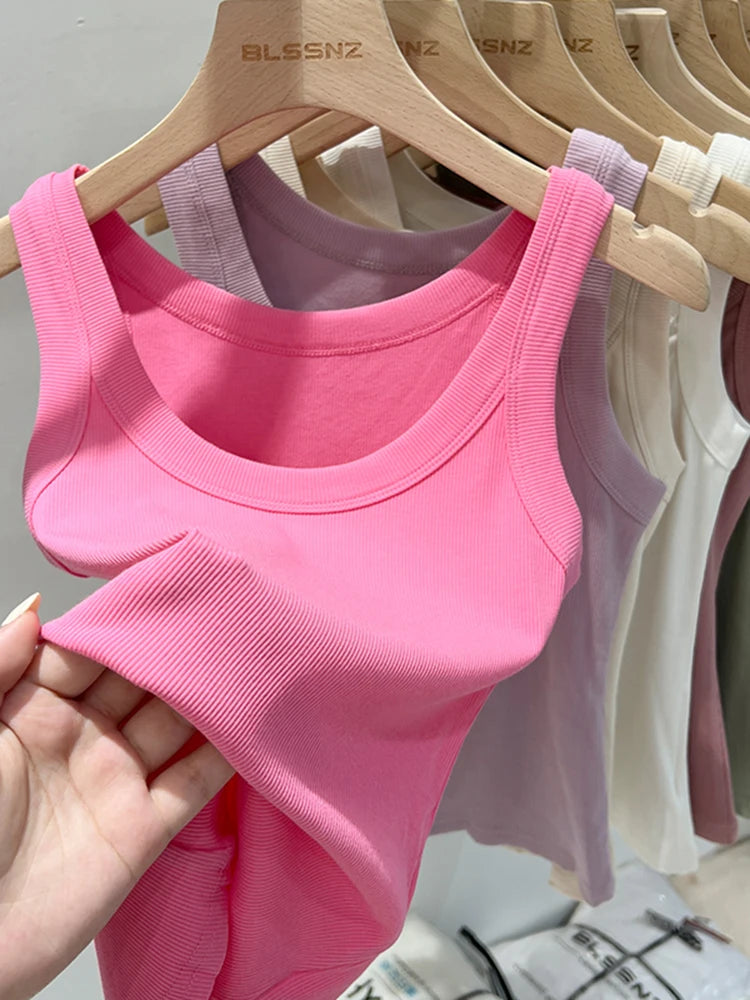 Women Solid Round Neck Ribbed Tank Top Camisole Women  Elastic Tank Top O Neck Solid Tank Top