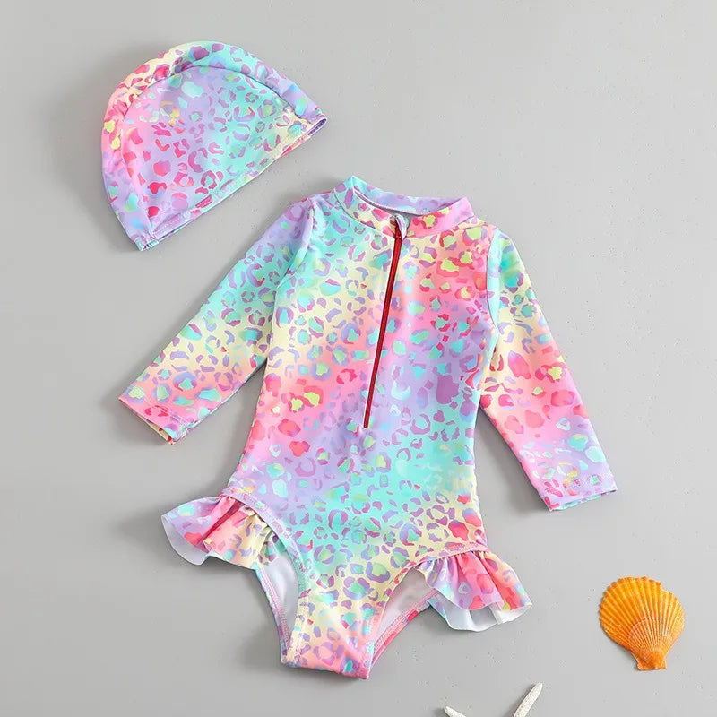 Long Sleeves Girls' Swimsuit With Hat Beachwear Surf One Pieces Colour Ruffle Kids Girls Summer Swimsuits Princess