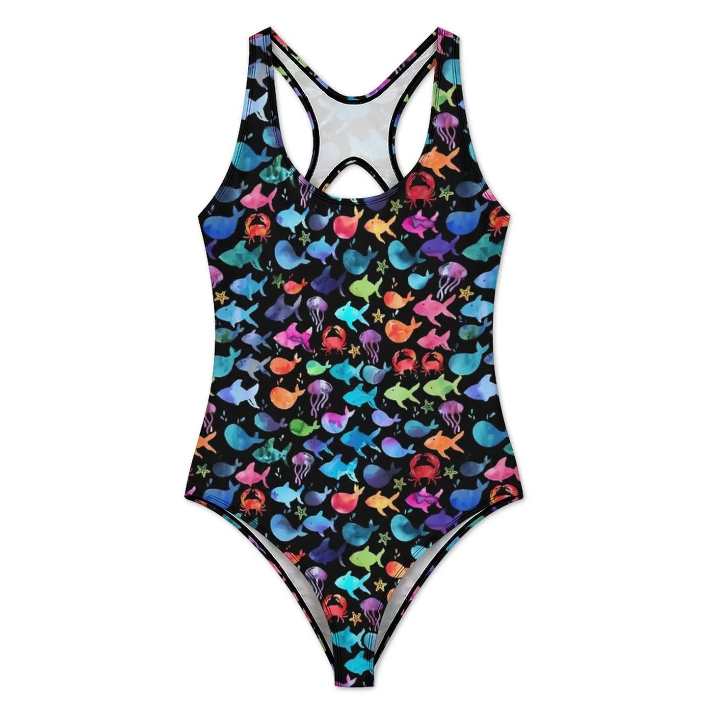 Rainbow Sea Fish Swimsuit Cute Animal Print One-Piece Swimwear Push Up Bodysuit Kawaii Holiday Rave Bathing Suit