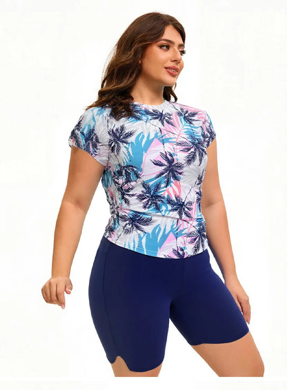 Rash Guard Women's Plus Size 2-Piece Swimsuit - Tropical Palm Tree Printed Short Sleeve Top + High-Waist Biker Shorts, Flattering Swimwear