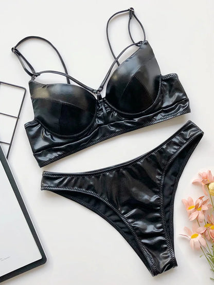 Shiny Faux Leather PU Bikini Women Swimsuit Bra Cup Bikinis Female Swimwear Two Pieces Bikini Set Push Up Bathing Suit Swim