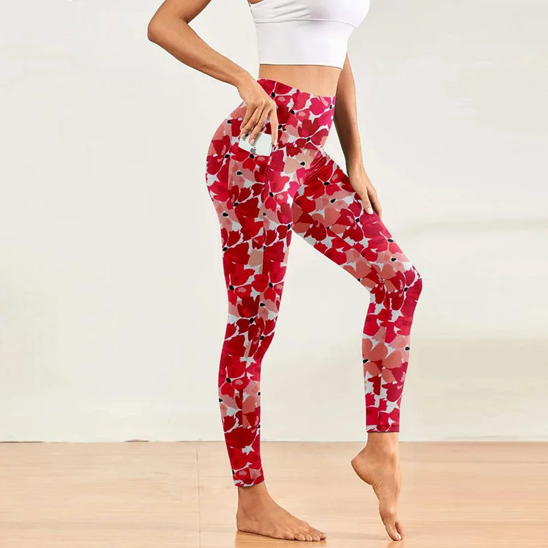 Women Side Pocket Elastic Pants Fashion High Waist 3D Digital Printing Fitness Leggings Yoga Pants