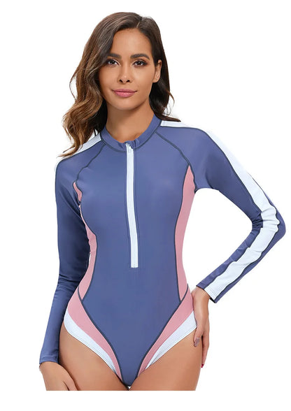 Long Sleeved Sun Protection One-piece Sports Swimsuit for Women High Elasticity Slim Zipper Sports Bikini Monokini Surfing Suit