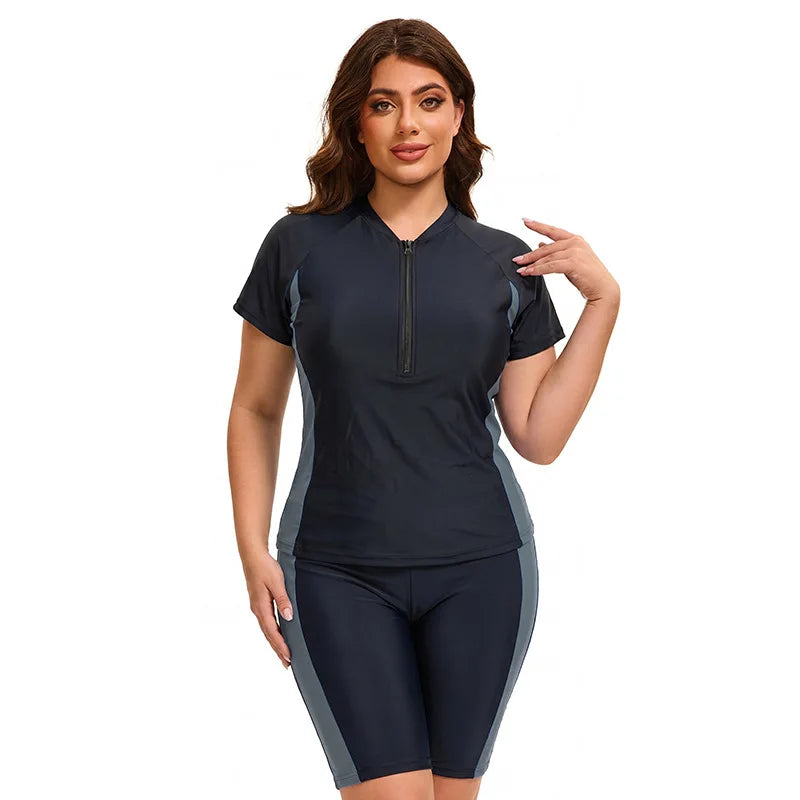 Plus Size Women Modest Swimwear Short Sleeve Swimsuit Rash Guard Tummy Control Two Piece Surf Suit Beachwear UPF 50 Bathing Suit